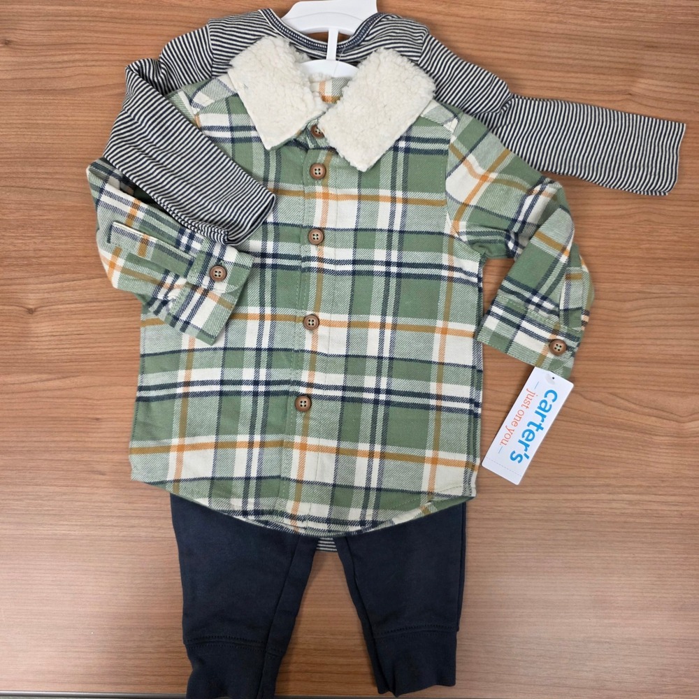 Carters Just One You Baby Boys 3pc Green Plaid Sherpa Collar Set 6m  NEW